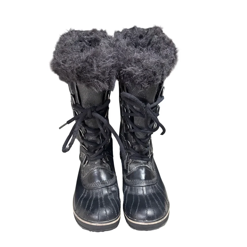 Sorel‎ Tofino Snow Boots Women 8 Black Sparkle Waterproof Faux Fur Trim EUC